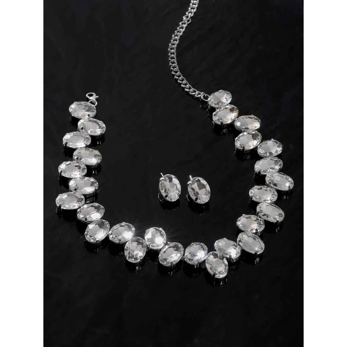 Yellow Chimes Silver Stone Necklace Set for Women | A5 Crystal Rhodium Plated Jewellery