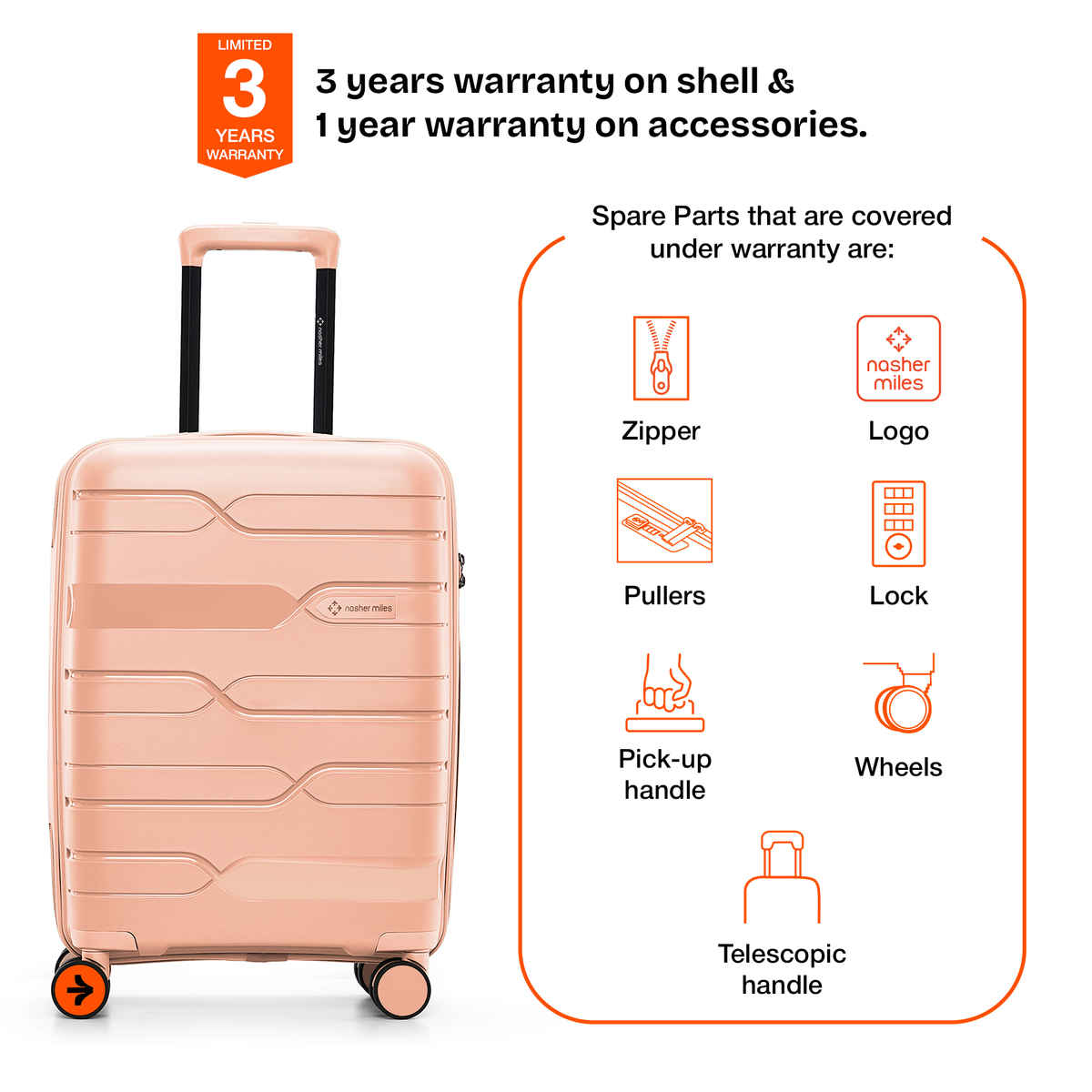 Nasher Miles Paris Cabin Hard-Sided Polypropylen Luggage 20 Inch-55 cm Trolley Bag - Peach