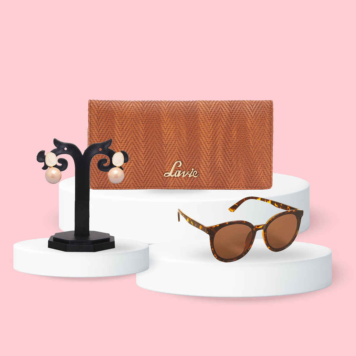 Lavie Herring Safain Women'S Bifold Clutches - Brown (1pc) & Accessorize London Women'S Preppy Sunglasses | Brown (1pc) & Sohi Peach Gold Plated Contemporary Drop Earrings (1pc) Combo
