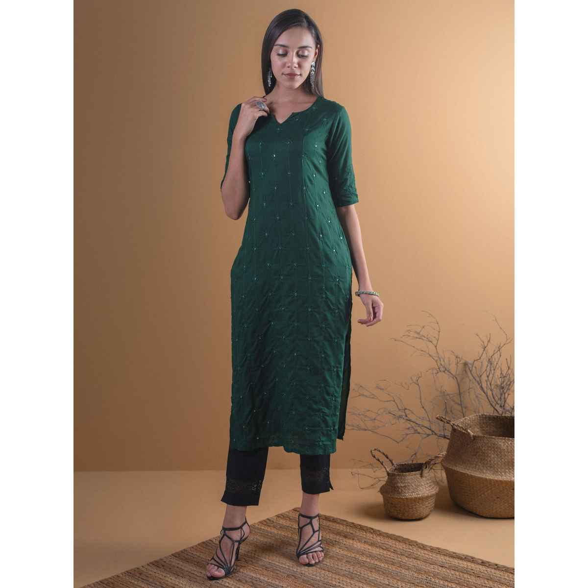 Libas Women's Embroidered Rayon Kurta | Green | L