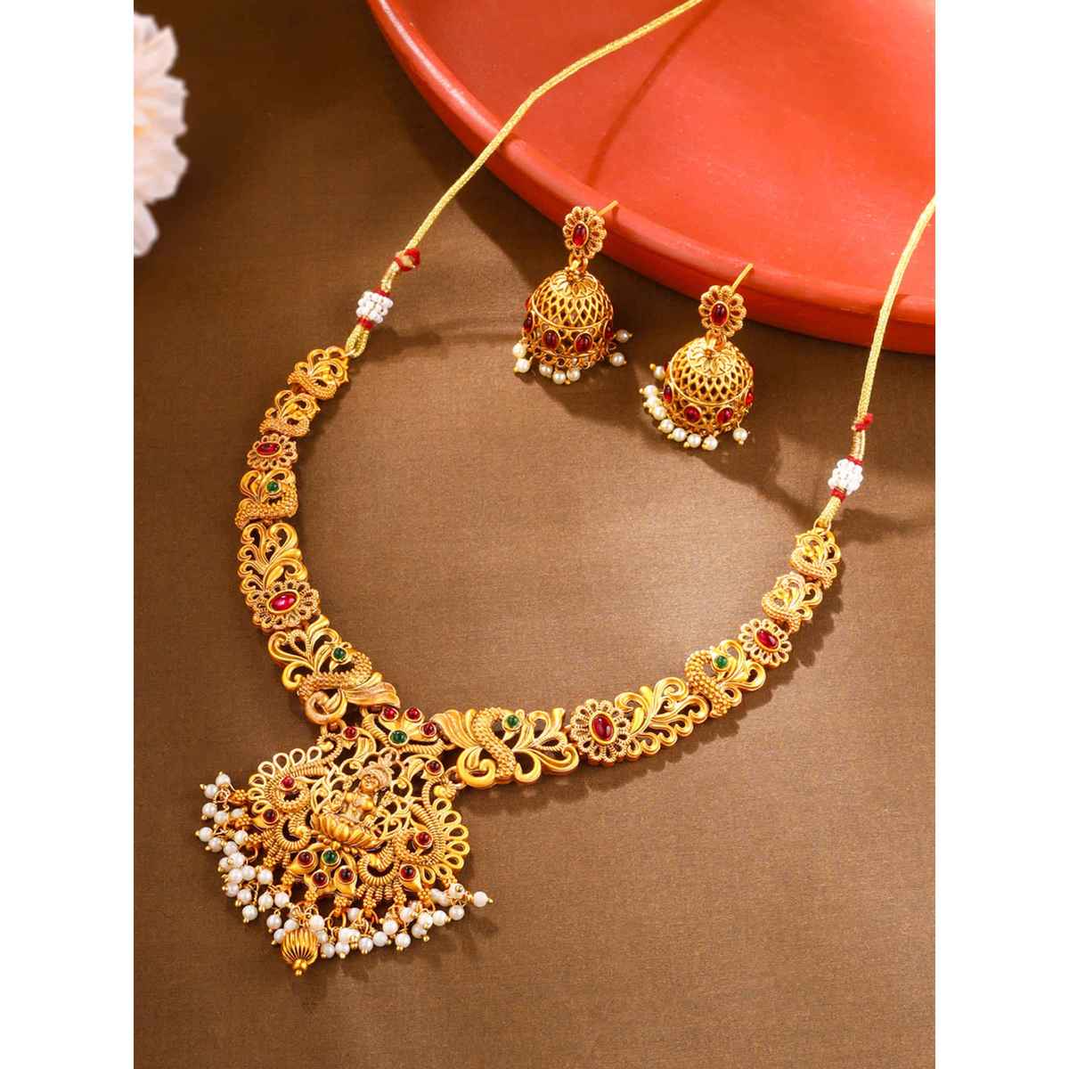 Yellow Chimes Gold-Plated Temple Necklace Set For Women