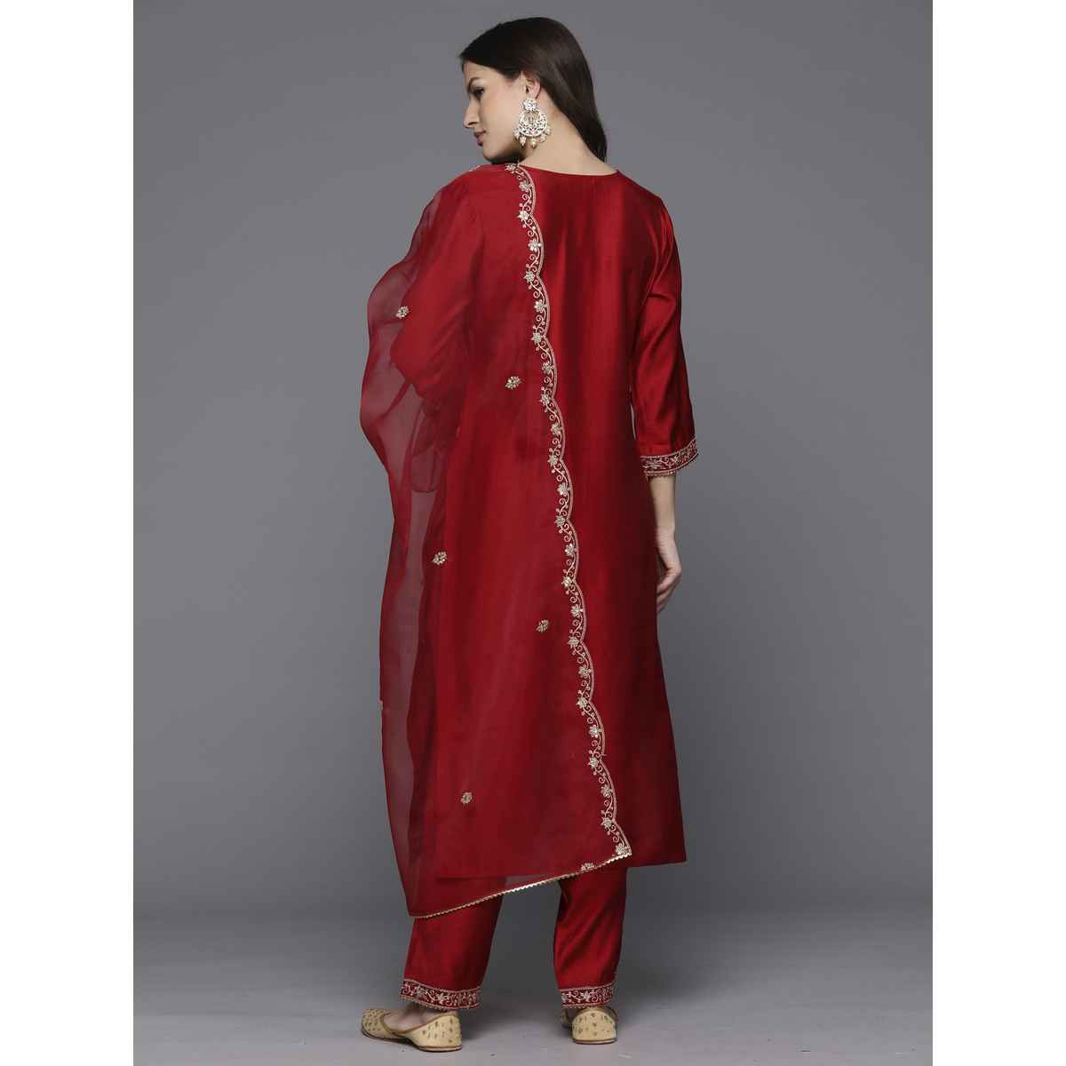 Indo Era Women's Silk Blend Embroidery Straight Kurta Set With Dupatta | KH9RD9490 | Red - XS