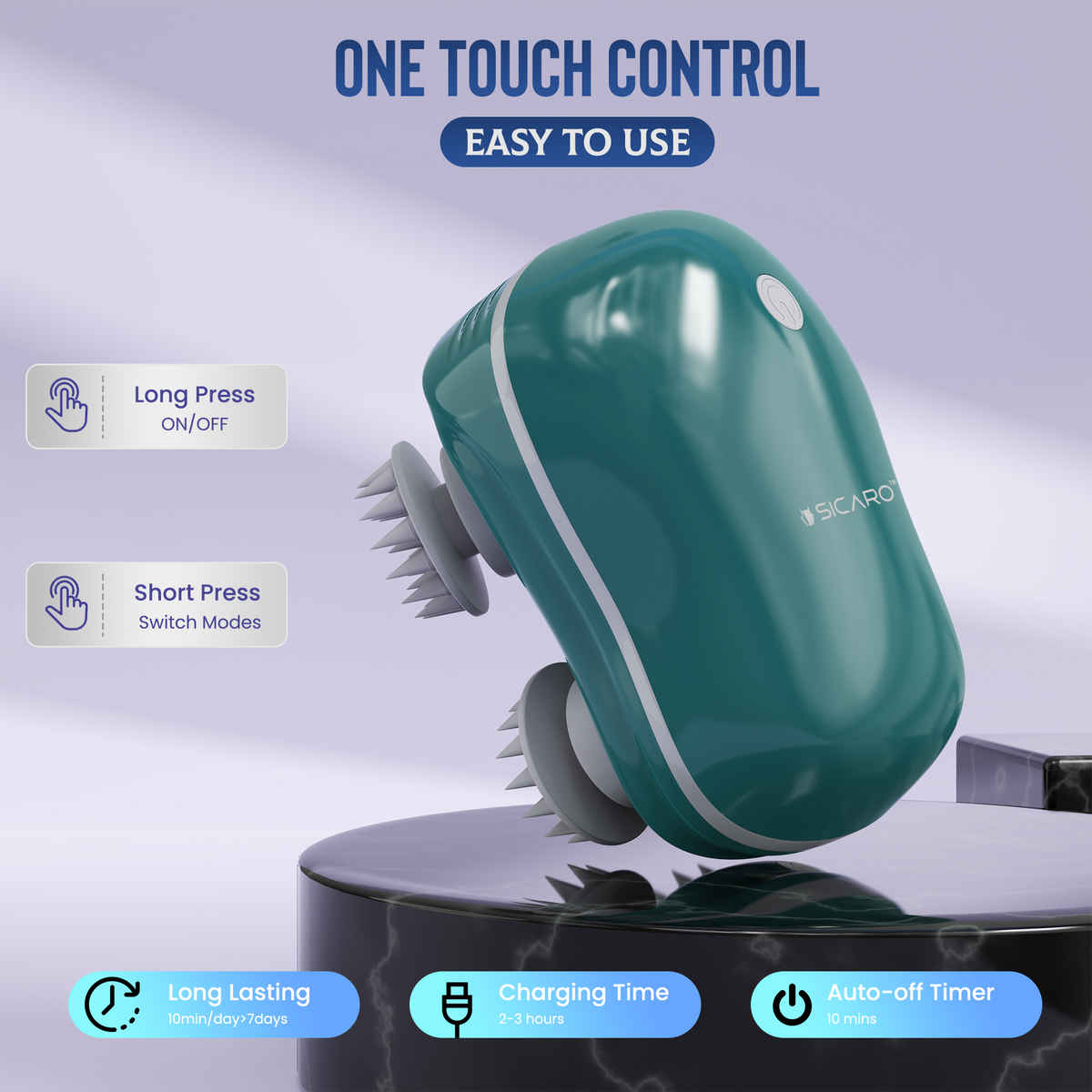 Sicaro RP202 Relax Pro Rechargeable Scalp and Body Massager | 360 Degree Deep Massage Bristles | Green