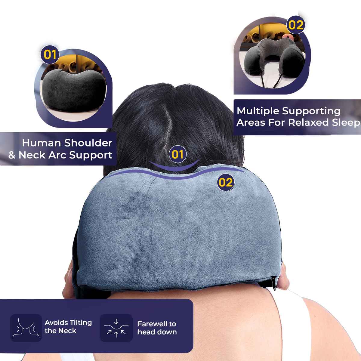 Billebon Cool Gel Travel Neck Pillow with Magnetic Fabric, Neck Support & Washable Cover | Grey