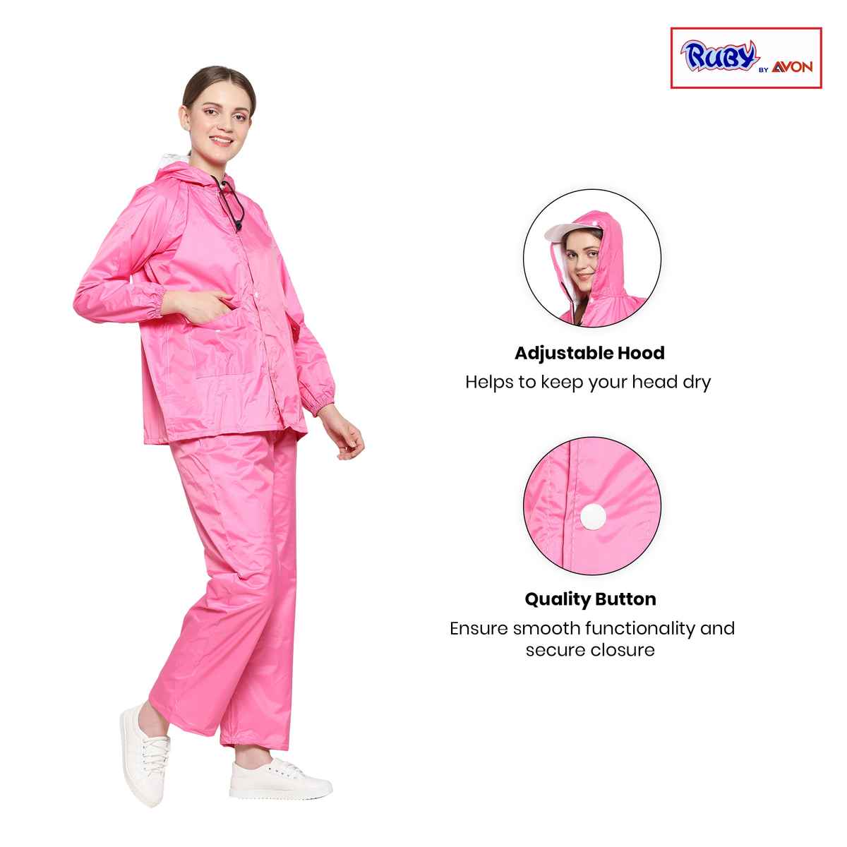 Fendo Ruby Women's Waterproof Raincoat Set with Hood & Carry Pouch | Pink | L