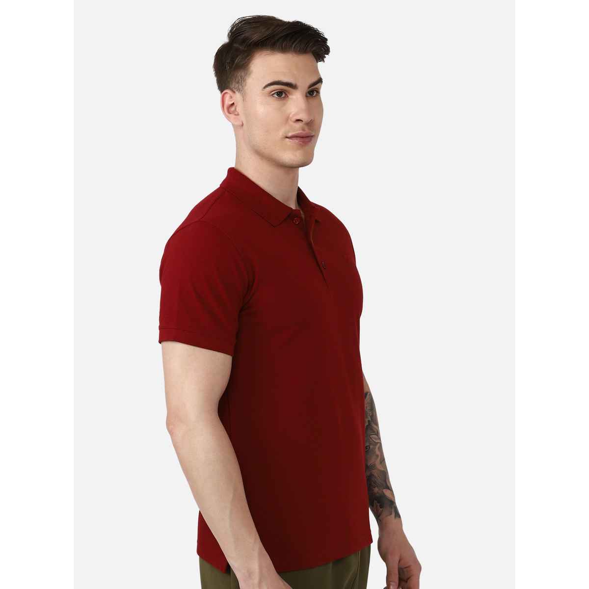 hummel Men's Dany Polo Neck Solid Regular Fit Cotton Poly T-shirt | Maroon - XL