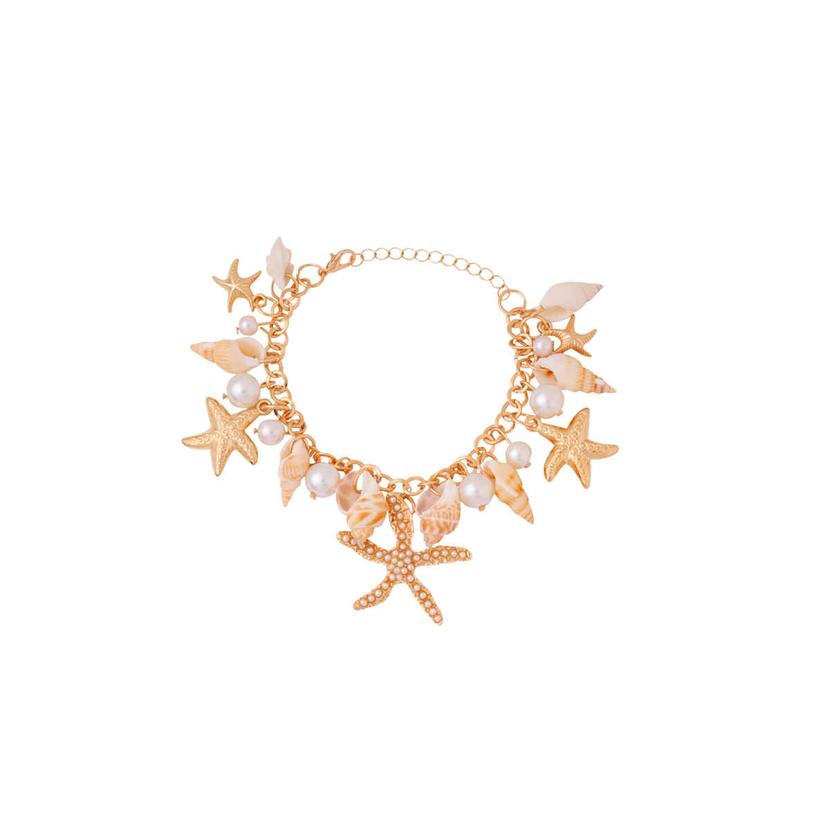 Yellow Chimes Women Gold-Toned Sea Shell Starfish & Pearls Hanging Charm Bracelet