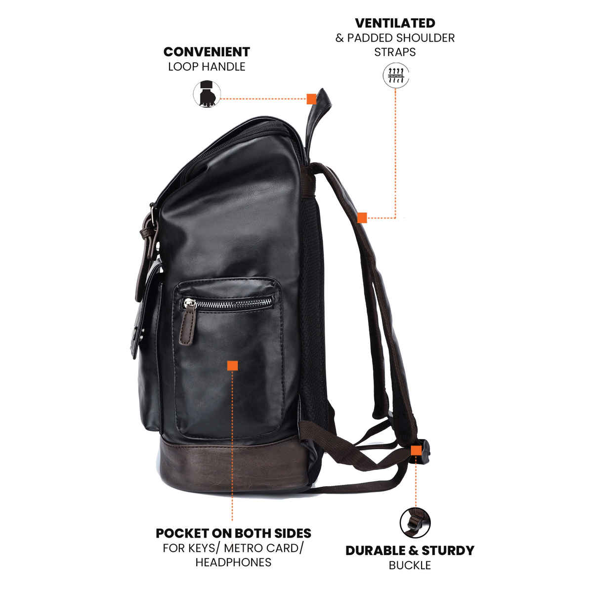 Fur Jaden 21 L Black Vegan Leather Stylish Laptop Backpack | Dedicated Laptop Compartment