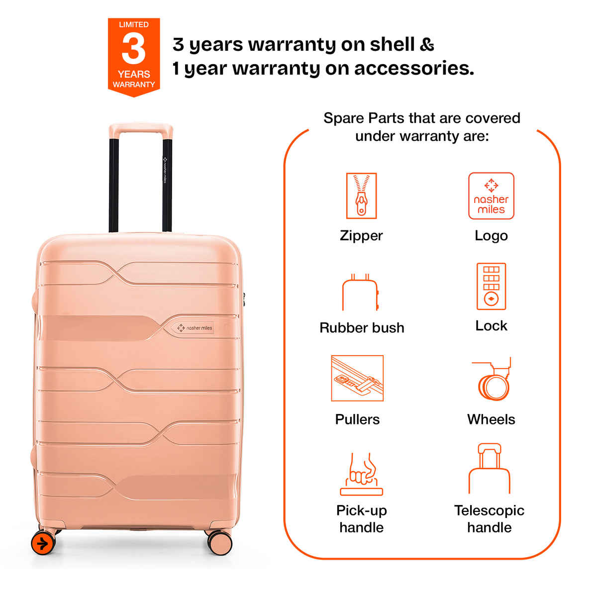 Nasher Miles Paris Check-In Hard Sided Polypropylene 24 Inch|65 cm Trolley Bag - Peach