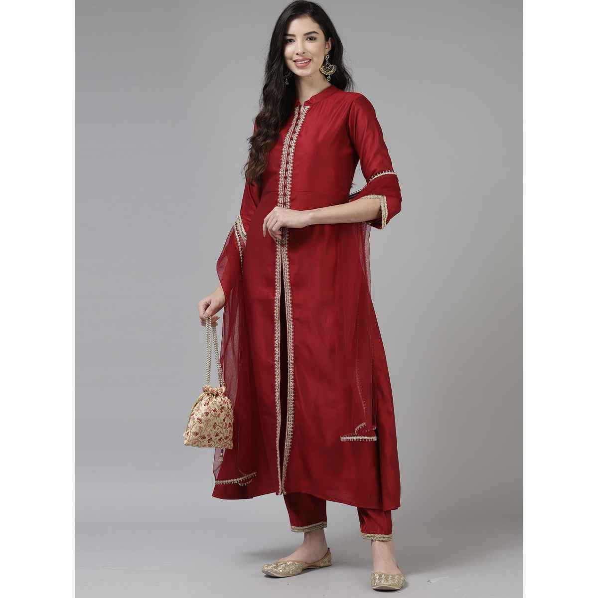 Indo Era Women's Liva Embroide Straight Kurta Pant with Dupatta Set | KD9RD3745 | Red - M