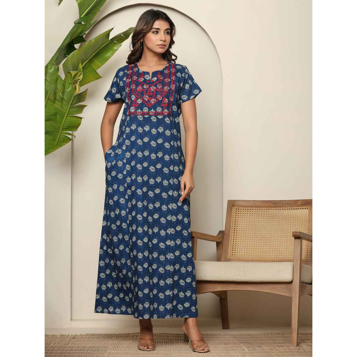 Nihsamah Women's Cotton Premium Embroidered Nighty | Full Length | Blue - M