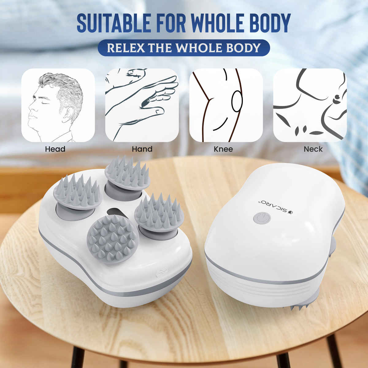 Sicaro RP202 Relax Pro Rechargeable Scalp and Body Massager | 360 Degree Deep Massage Bristles | White