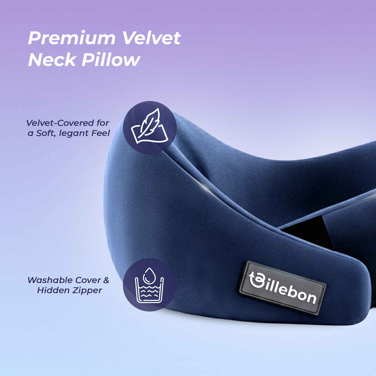 Billebon Gel Infused Memory Foam Neck Pillow with Adjustable Velcro Straps for Support Navy Blue