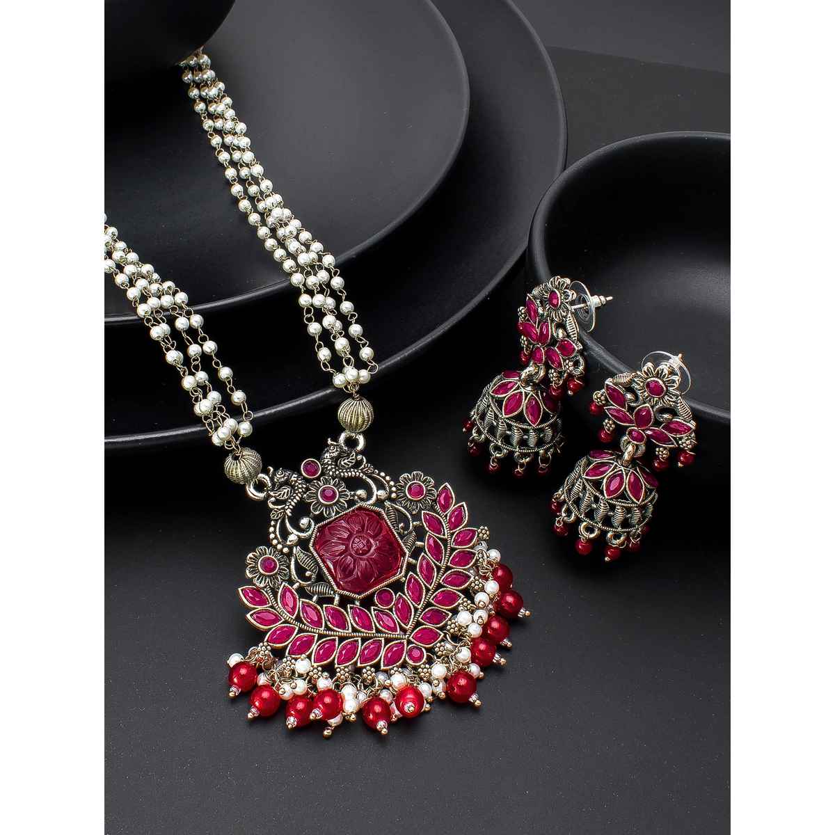 Aadita Oxidized Silver Necklace with Pearl Mala - Antique Boho Tribal Jewelry for Women & Girls