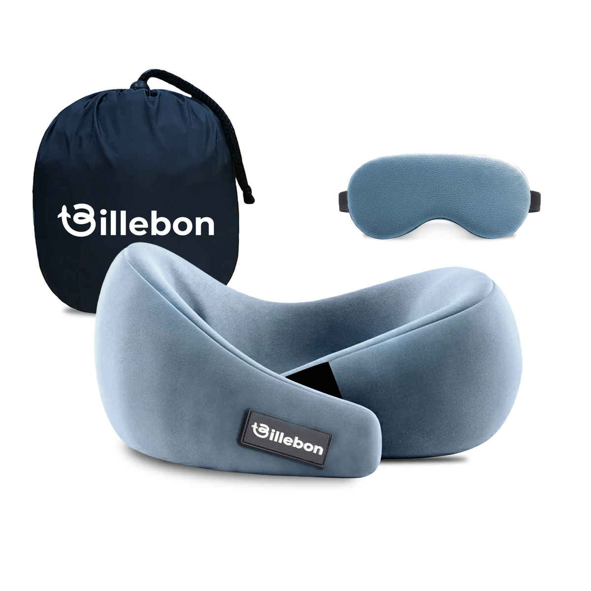Billebon Gel Infused Memory Foam Neck Pillow with Eye Mask and Travel Pouch Grey