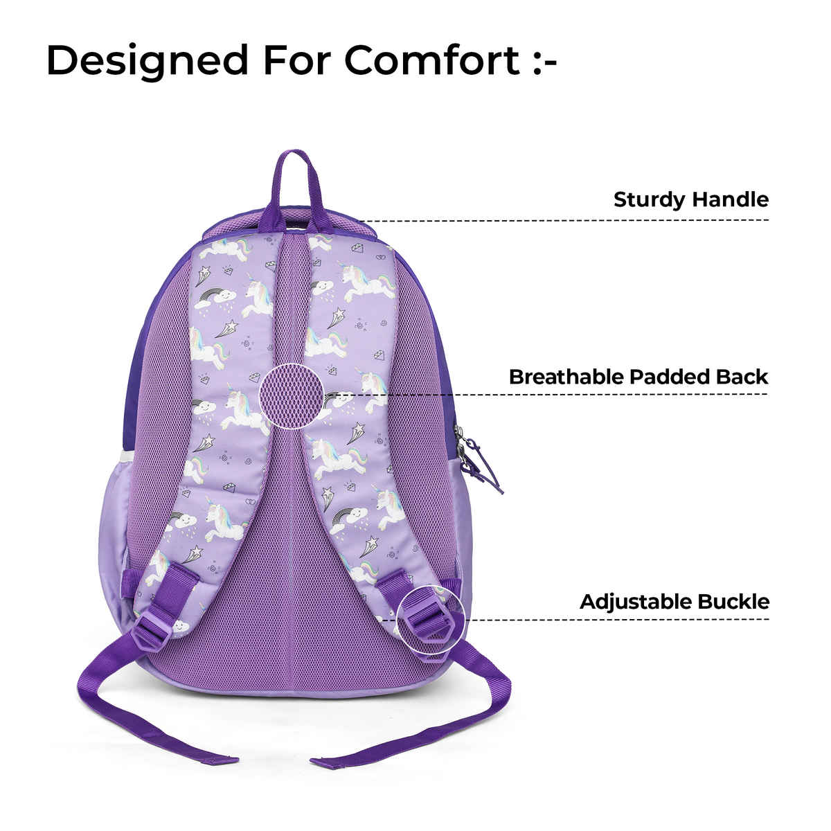 Nasher Miles Tic Tac Toe Unicorn Backpack For Kids- 3 Compartment Casual School Bag- Purple- 30L