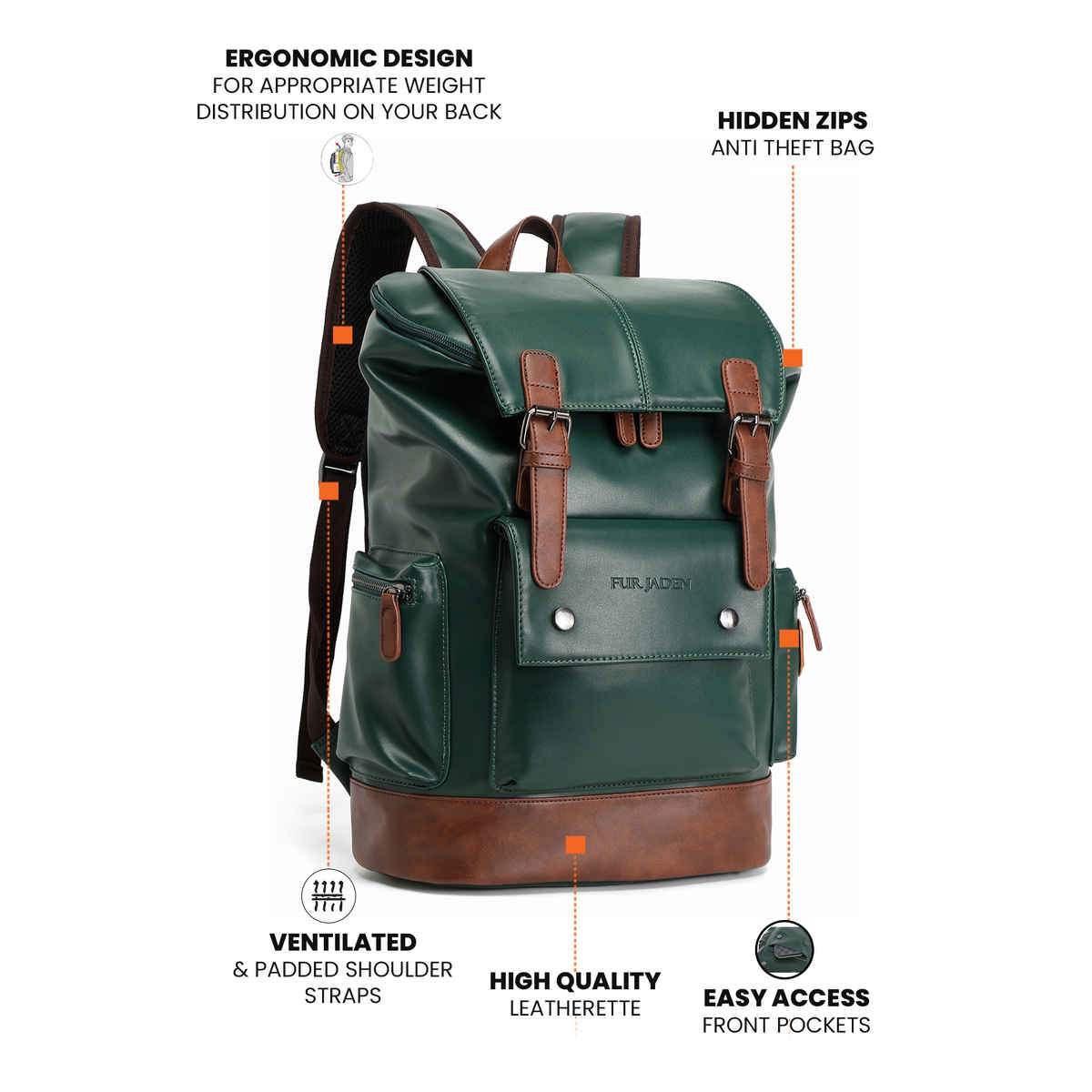 Fur Jaden 20 L Green Vegan Leather Stylish Laptop Backpack | Dedicated Laptop Compartment