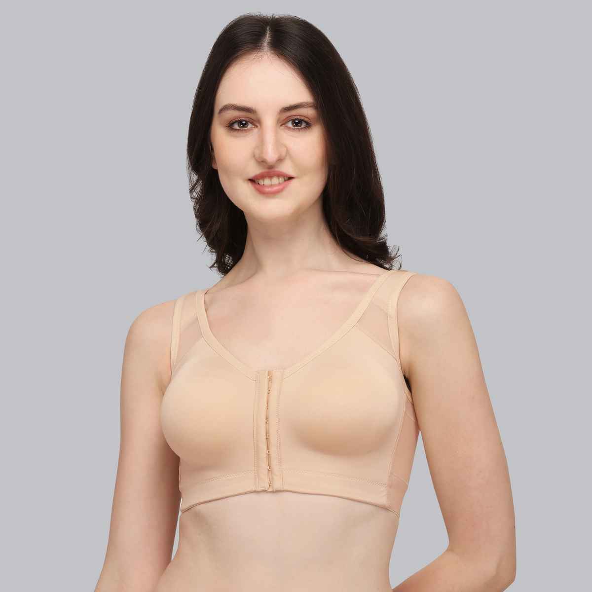Soie Women s Front Closure Full Coverage Non Padded Non Wired Posture Correction Bra | Nude | XL