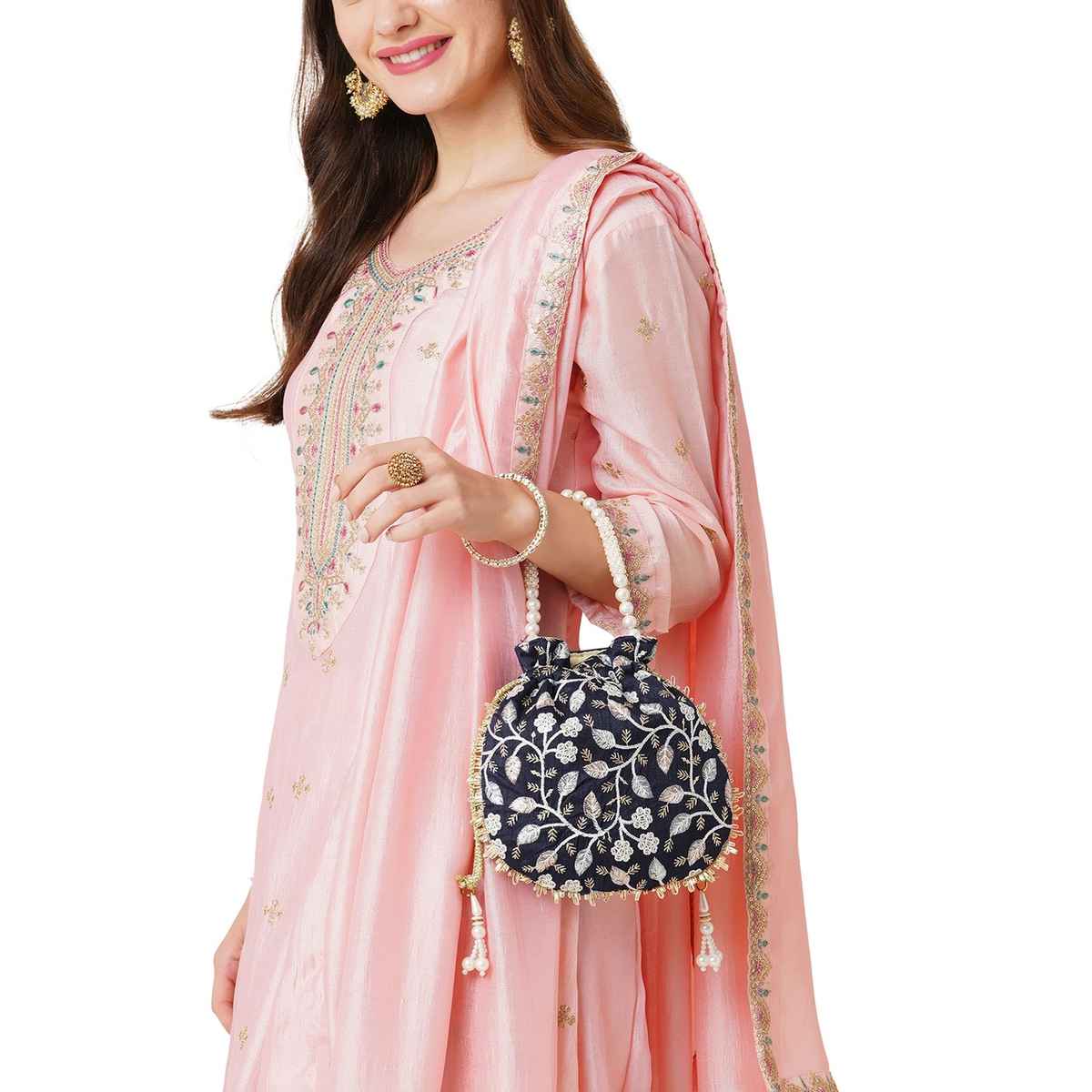 Lavie Women's Aria Round Embroidered Potli | Navy