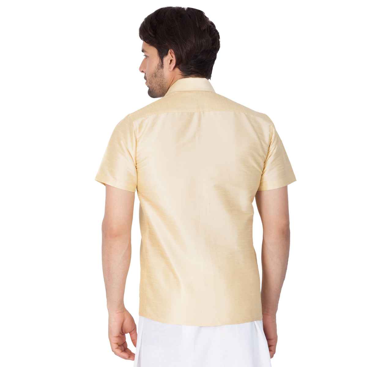 Vastramay Mens Silk Blend Casual Shirt | Golden Short Sleeve Festive Wear with Patch Pocket - XL
