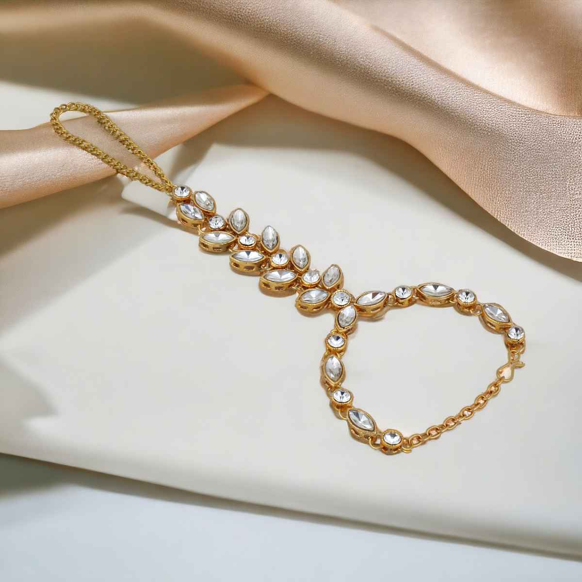 LUCKY JEWELLERY Women's Elegant Gold Plated Finger Ring Bracelet Hand Harness Hathphool | White