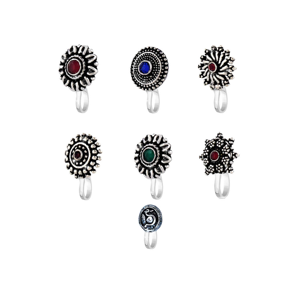Yellow Chimes Traditional Silver Oxidised Nose Pin Set for Women