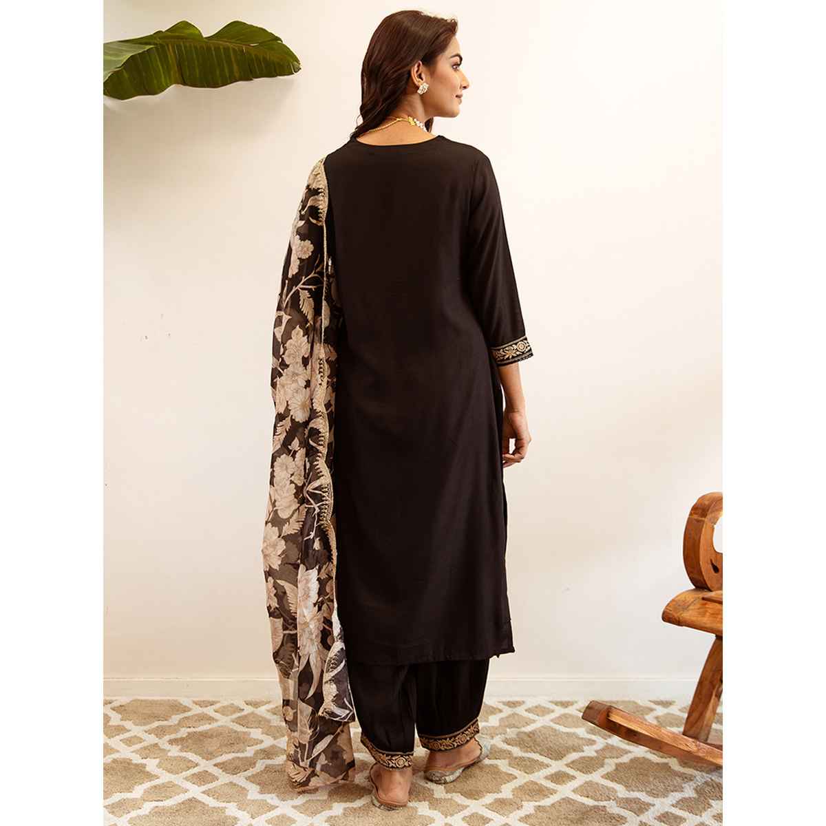 Indo Era Women's Viscose Rayon Embroidery Straight Kurta with Dupatta Set | KH5BK6147 | Black - XL