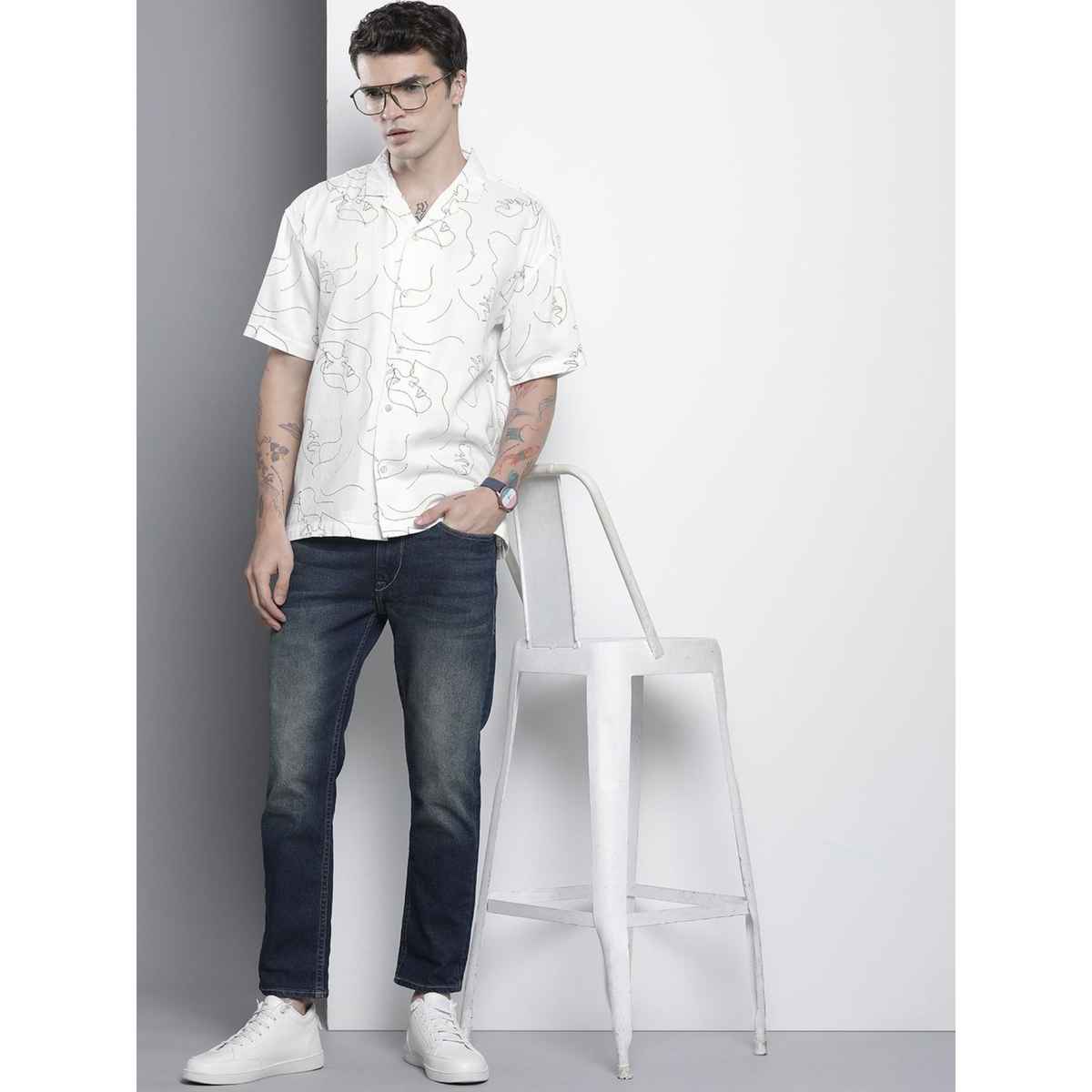 The Indian Garage Co Men's Slim Fit Abstract Printed Casual Shirts | White - XL