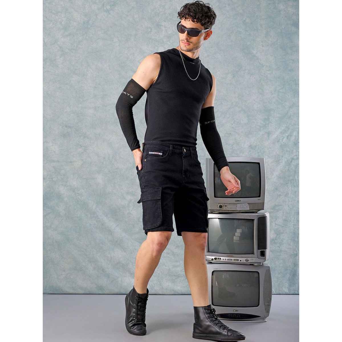 The Indian Garage Co Men's Regular Fit Solid Casual Shorts | Black - 32