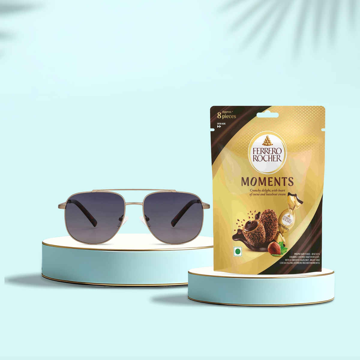 Vincent Chase By Lenskart Unisex Solid Stainless Steel Sunglasses | Black And Gold - L (1pc) & Ferrero Rocher Moments Chocolate Gift Pack (46.4g) Combo