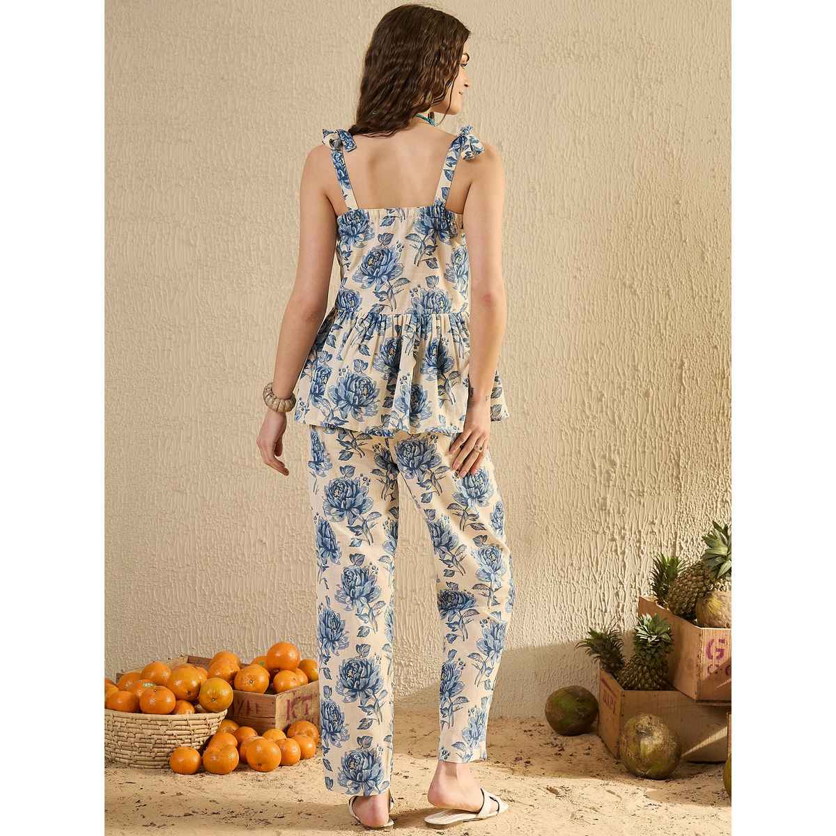 Sanskrutihomes Floral Printed Pure Cotton Top & Trouser for Women s | Blue | L