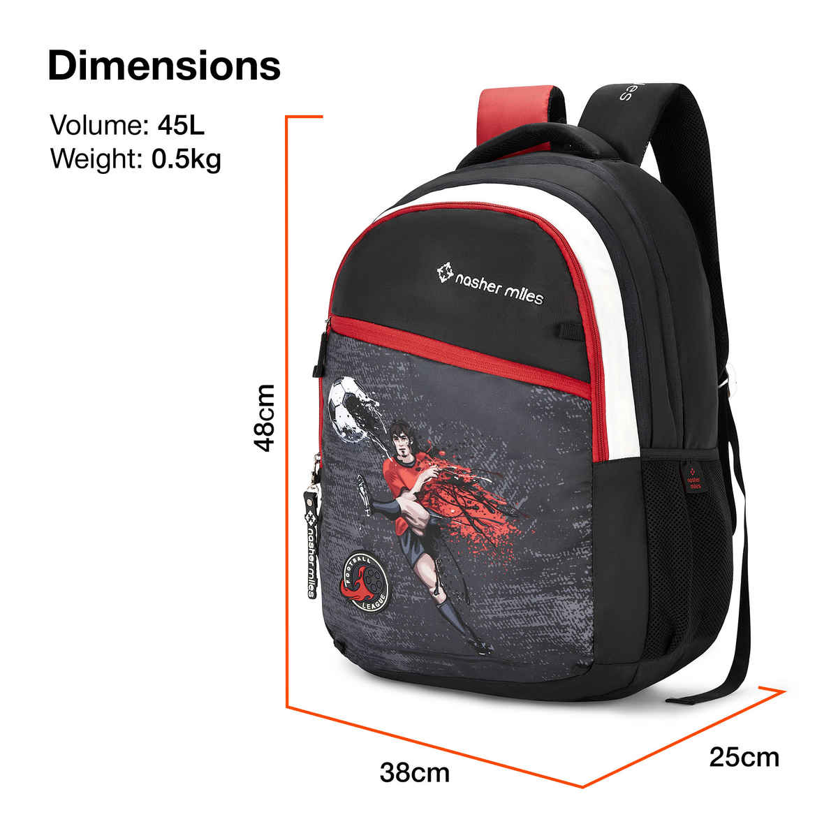 Nasher Miles Football Strike Backpack- Unisex- 3 Compartment College Bag - Black - 45L