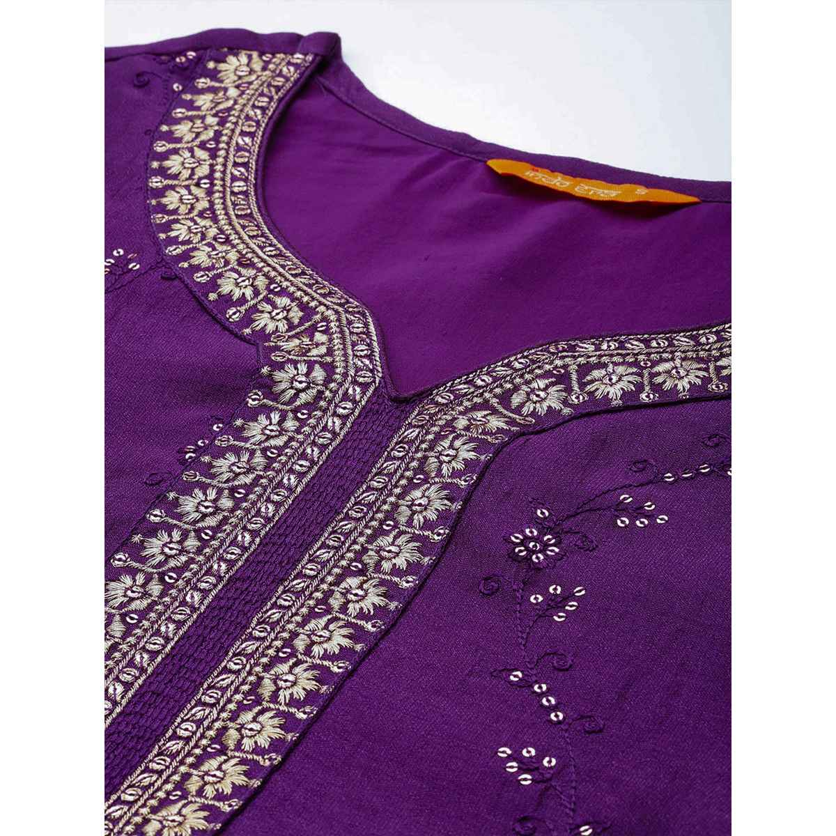 Indo Era Women's Silk Blend Floral Straight Kurta Set with Dupatta | KH9PR6220 | Purple - S