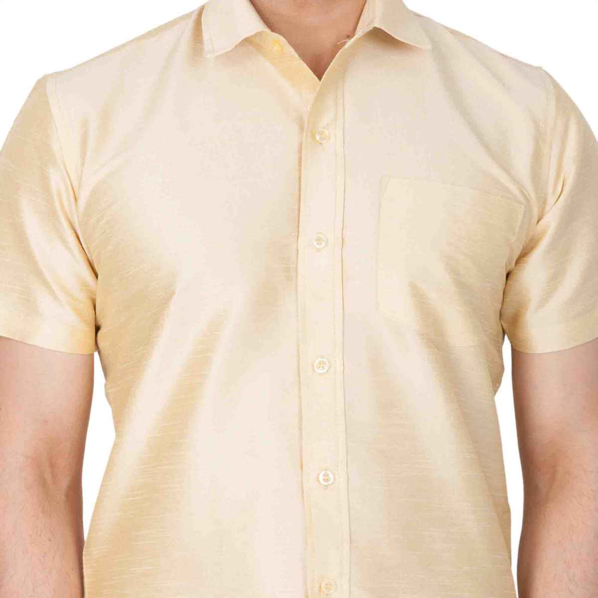 Vastramay Mens Silk Blend Casual Shirt | Golden Short Sleeve Festive Wear with Patch Pocket - XL