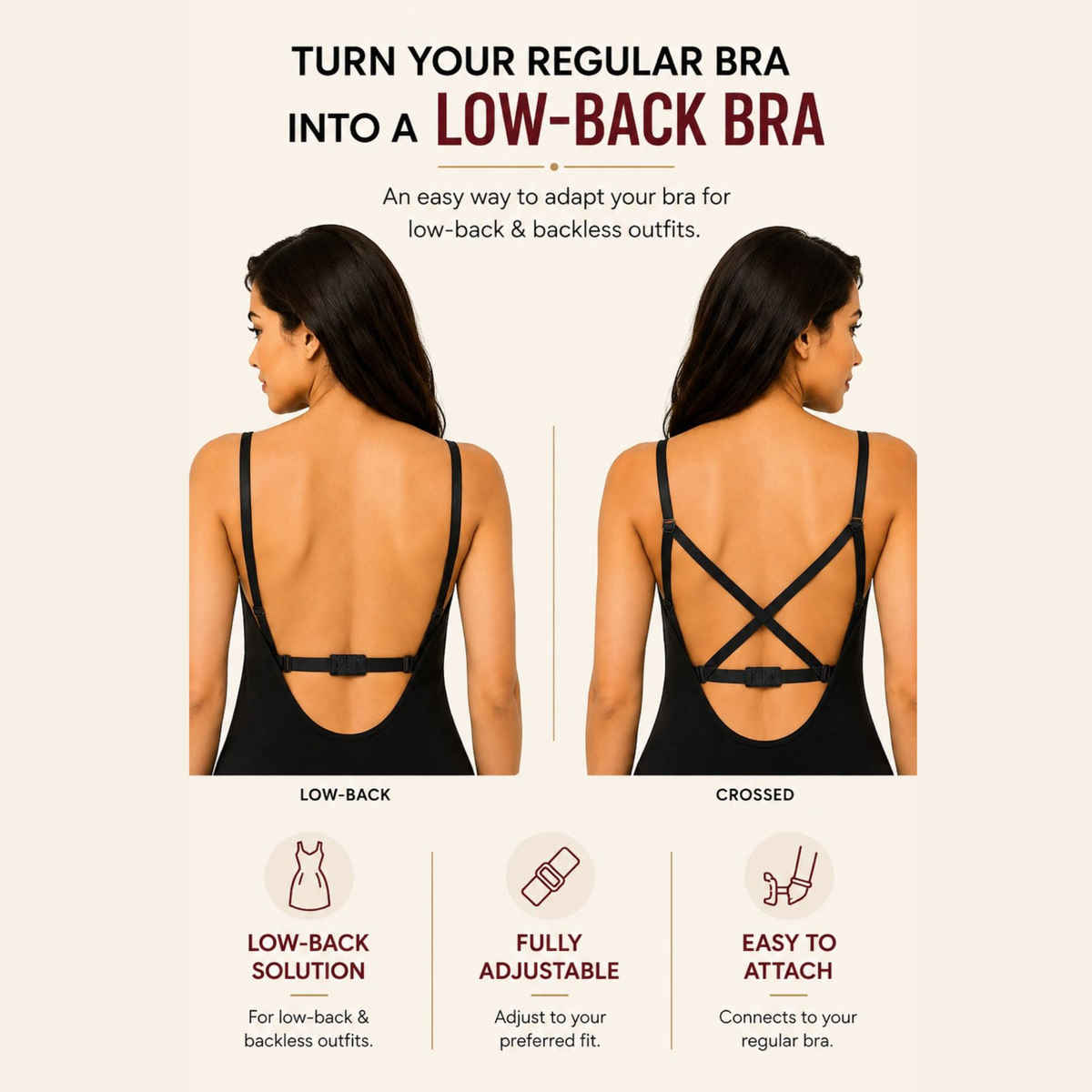 Secrets By ZeroKaata Women's Adjustable Bra Converter | 2-Hook Bra Extender | Black | Free Size