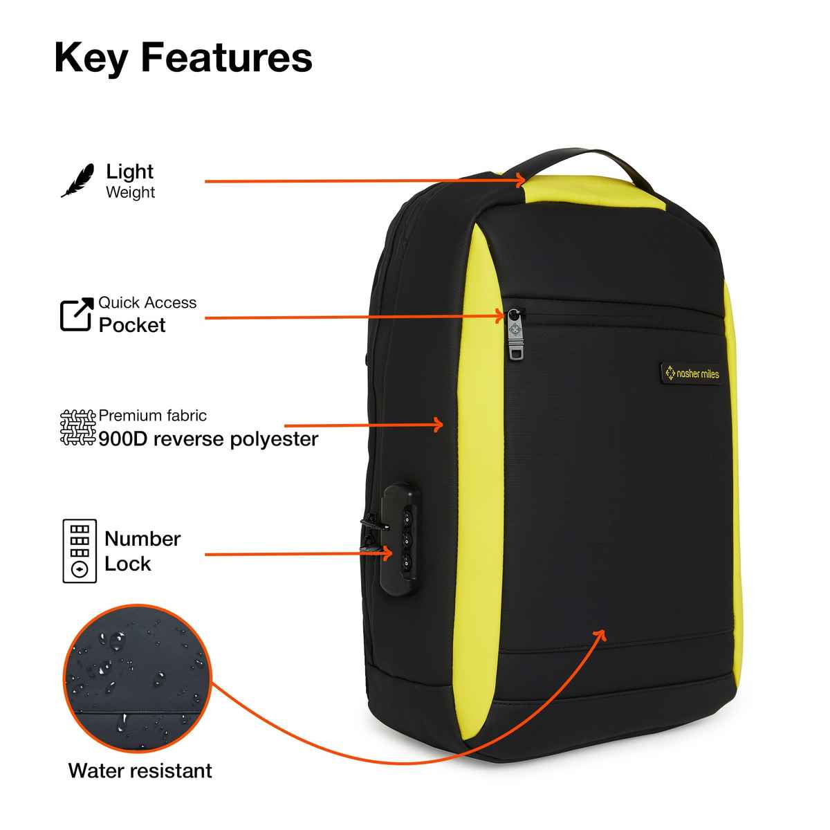 Nasher Miles Madison Workpack 22 L Polyester Black Yellow Laptop Backpack, Number Lock Usb Charging