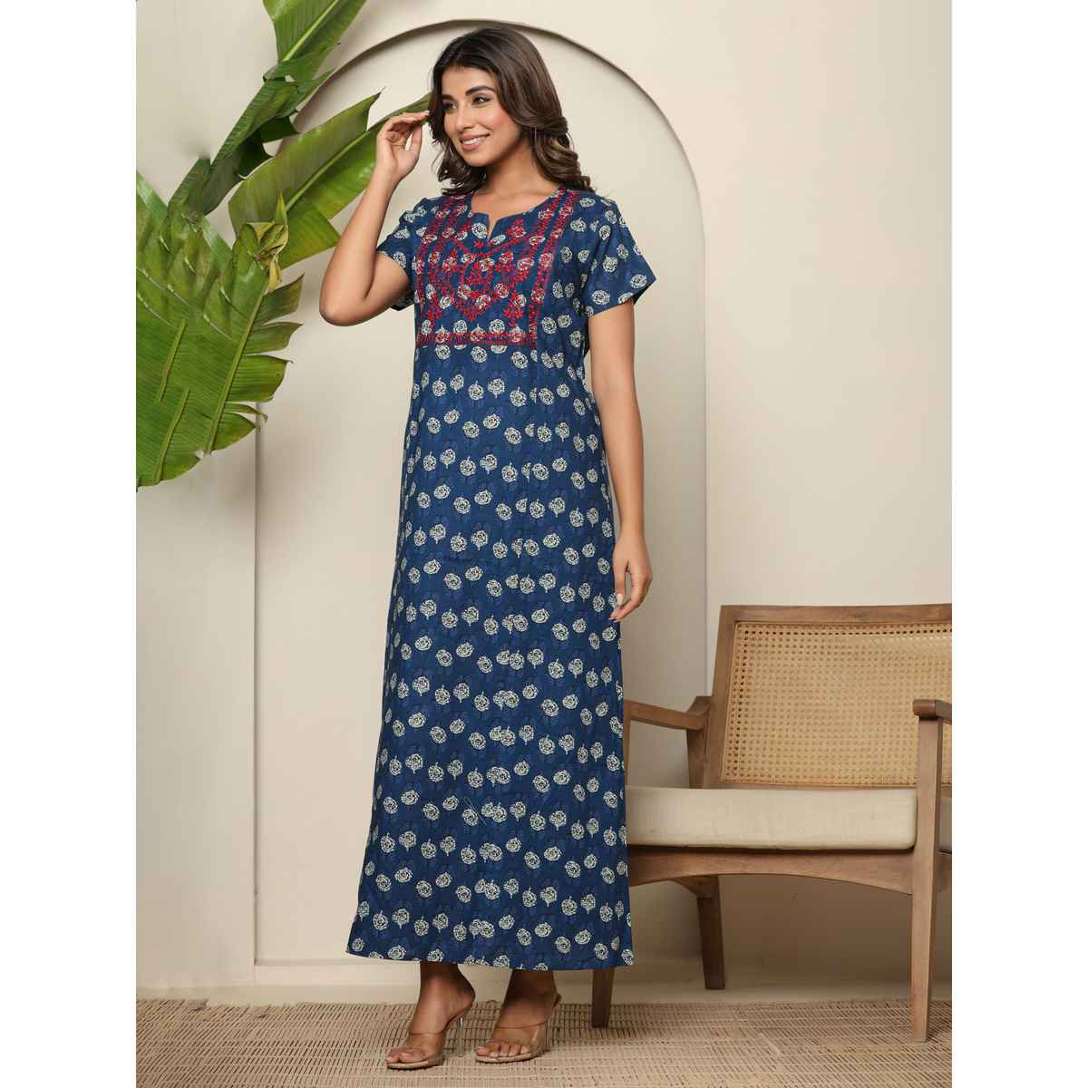 Nihsamah Women's Cotton Premium Embroidered Nighty | Full Length | Blue - M