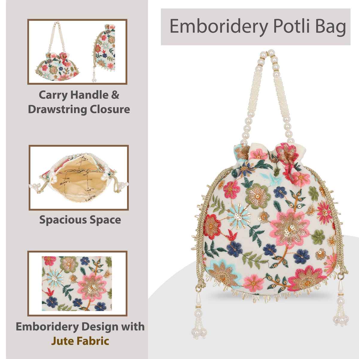 Lavie Women's Jiya Floral Embroidered Potli | White