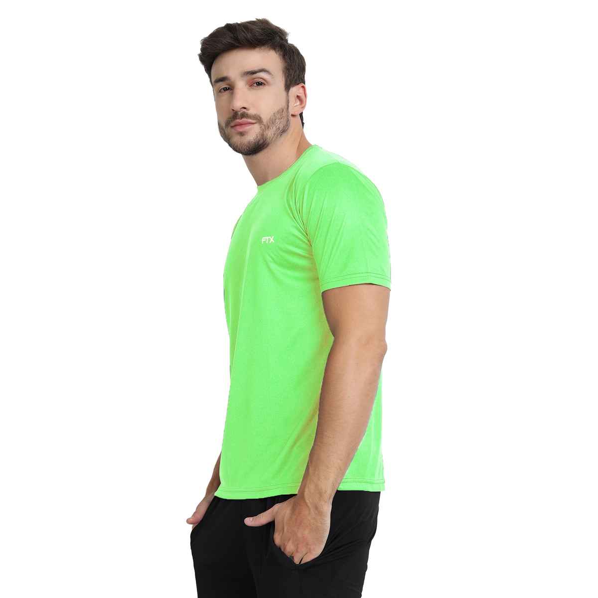Ftx Men's Solid Round Neck Polyester Half Sleeve Casual T-shirt | Green | S