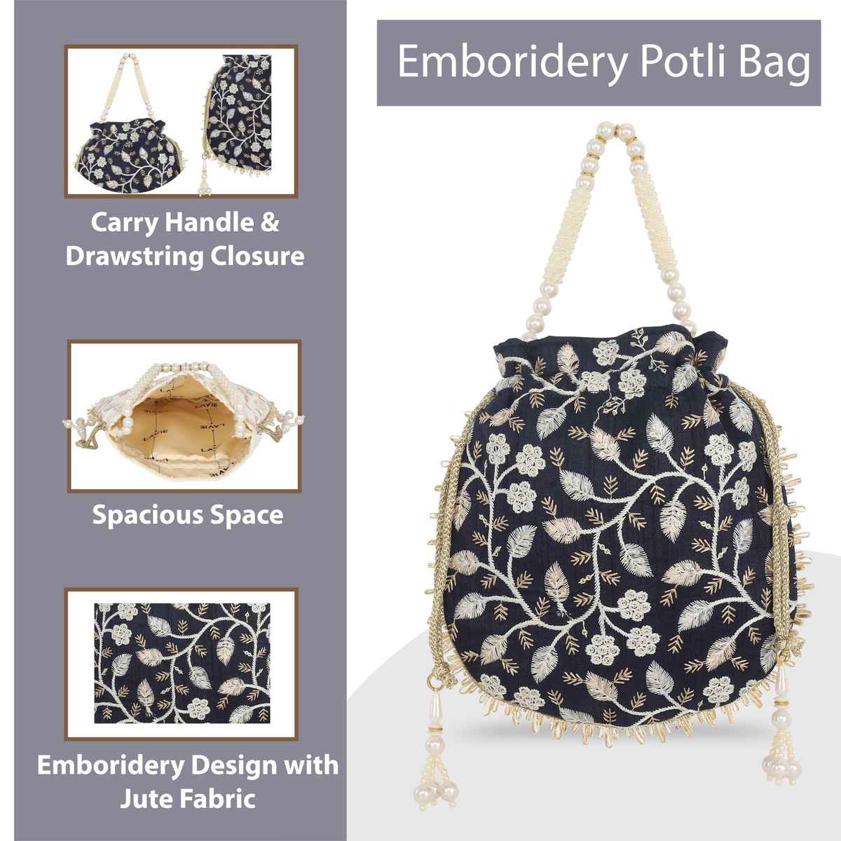 Lavie Women's Aria Round Embroidered Potli | Navy