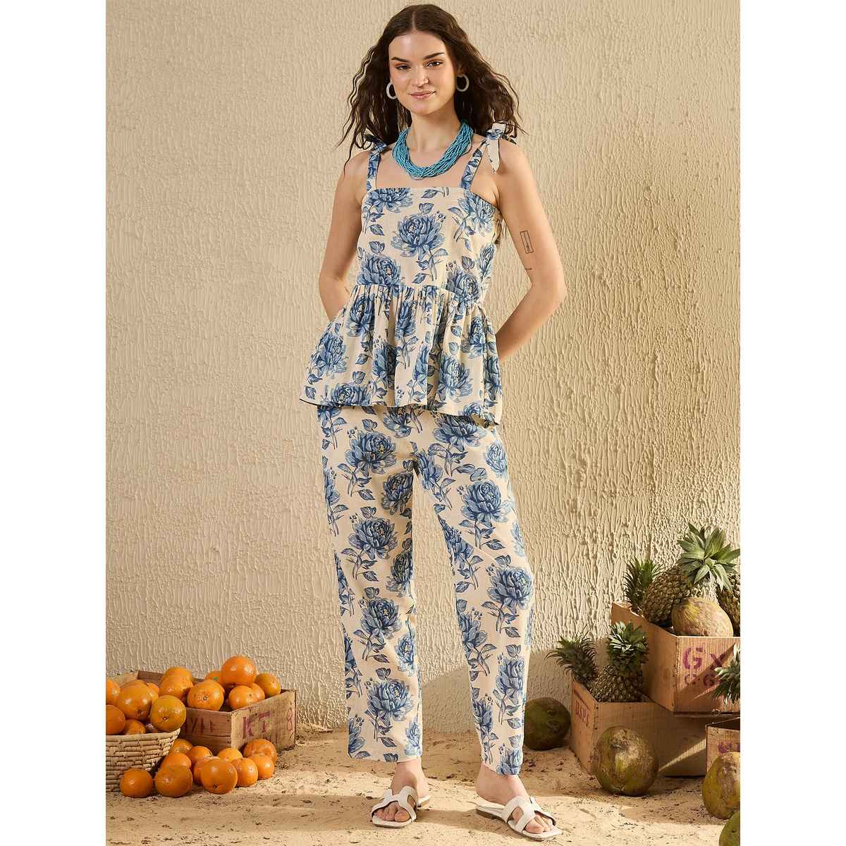 Sanskrutihomes Floral Printed Pure Cotton Top & Trouser for Women s | Blue | L