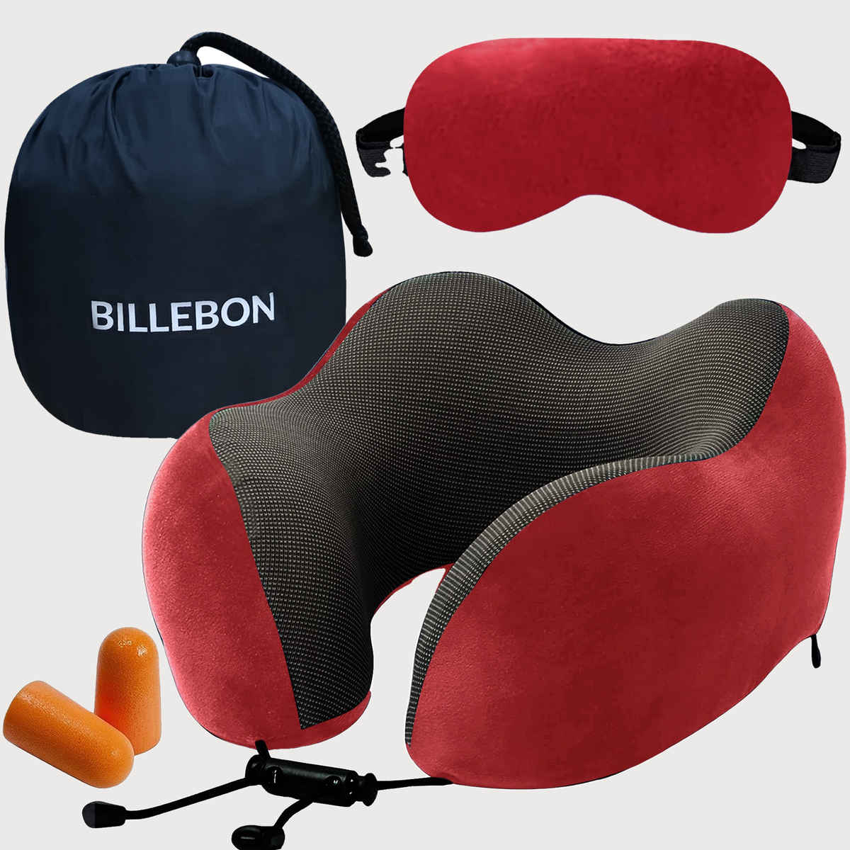 Billebon Unisex Memory Foam Neck Pillow with Eye Mask | Red - One Size