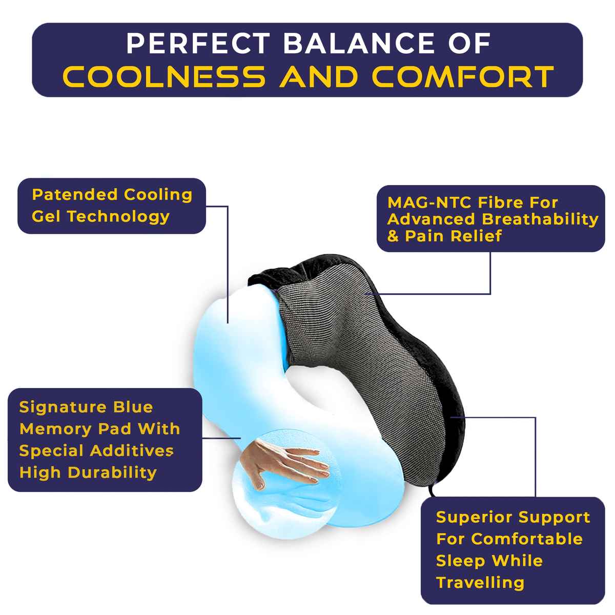 Billebon Cool Gel Travel Neck Pillow Combo | Magnetic Fabric, Neck Support & Washable Cover | Black