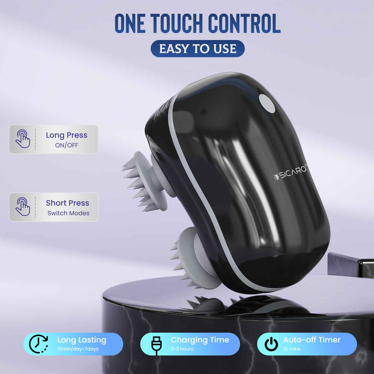 Sicaro RP202 Relax Pro Rechargeable Scalp and Body Massager | 360 Degree Deep Massage Bristles | Black