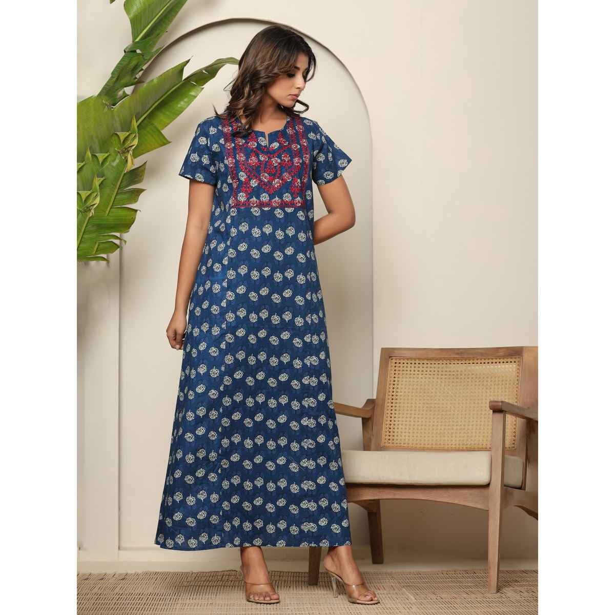 Nihsamah Women's Cotton Premium Embroidered Nighty | Full Length | Blue - M