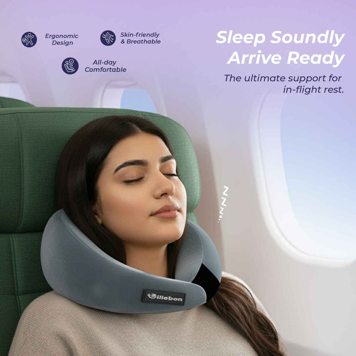 Billebon Gel Infused Memory Foam Neck Pillow with Eye Mask and Travel Pouch Grey