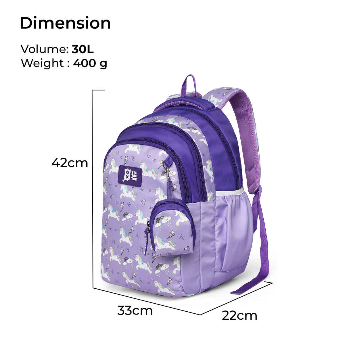 Nasher Miles Tic Tac Toe Unicorn Backpack For Kids- 3 Compartment Casual School Bag- Purple- 30L