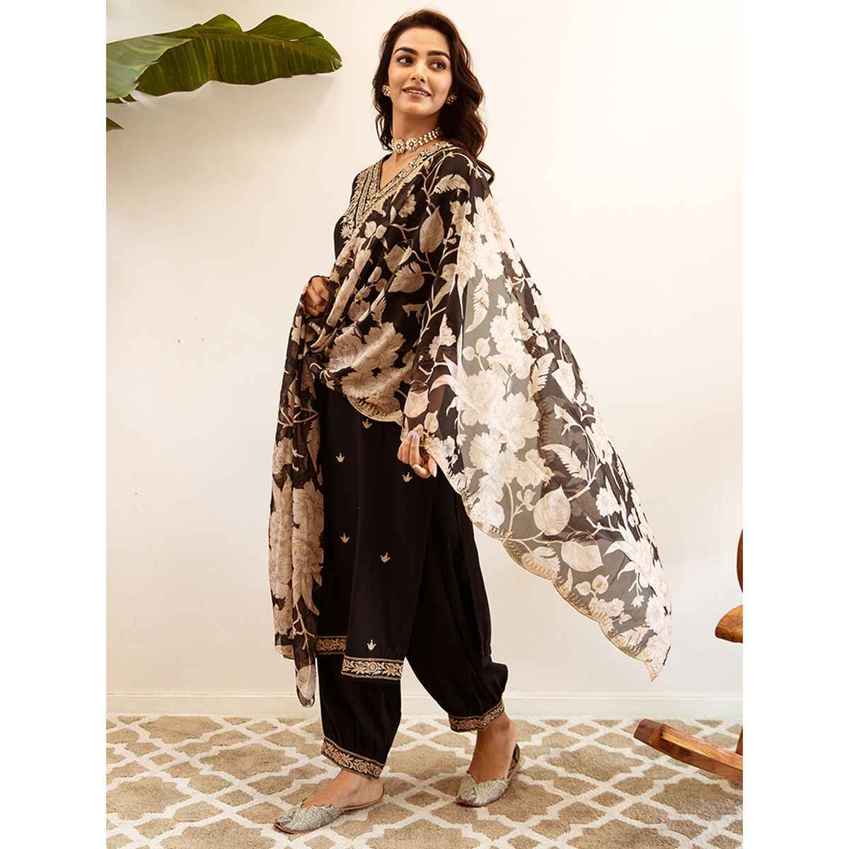 Indo Era Women's Viscose Rayon Embroidery Straight Kurta with Dupatta Set | KH5BK6147 | Black - XL
