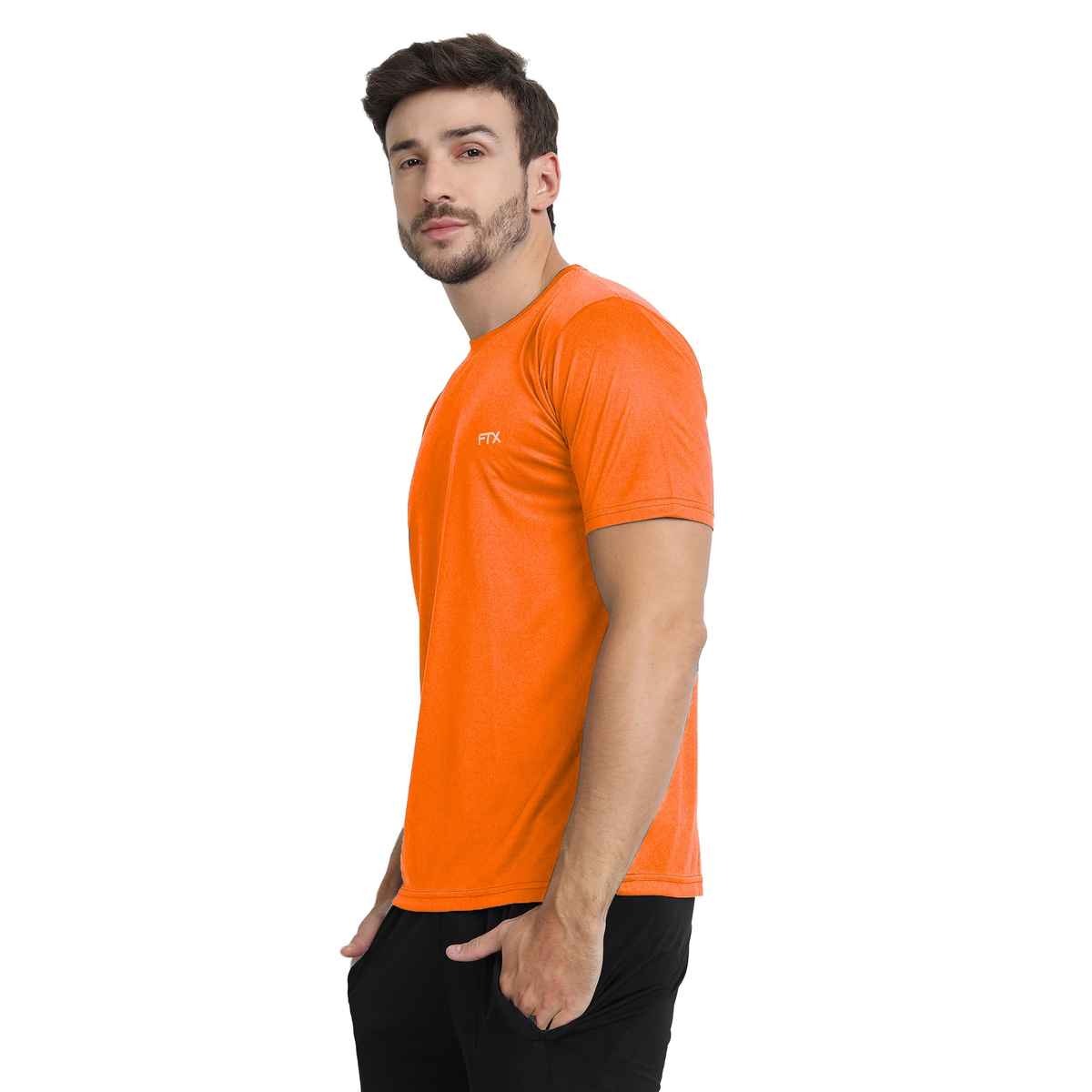 Ftx Men's Solid Round Neck Polyester Half Sleeve Casual T-shirt | Orange | M