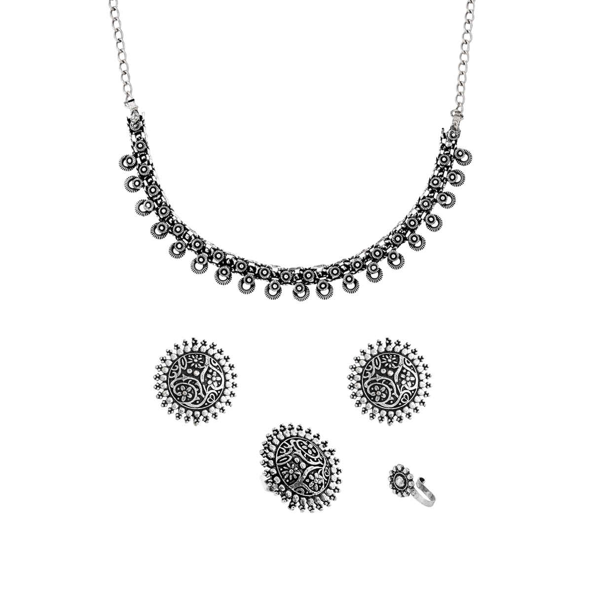 Yellow Chimes German Oxidised Silver Contemporary Design Ethnic Jewellery Choker Necklace Set